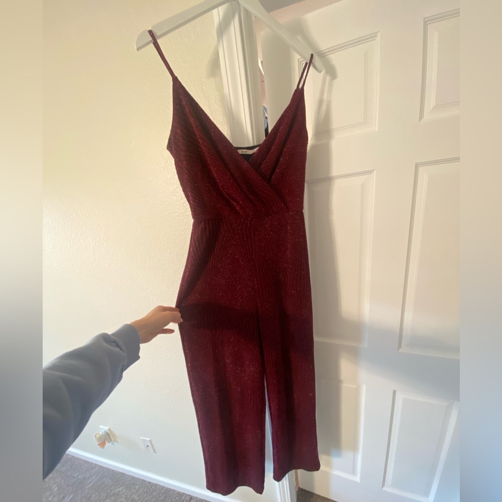 Francesca’s maroon glitter jumpsuit size medium